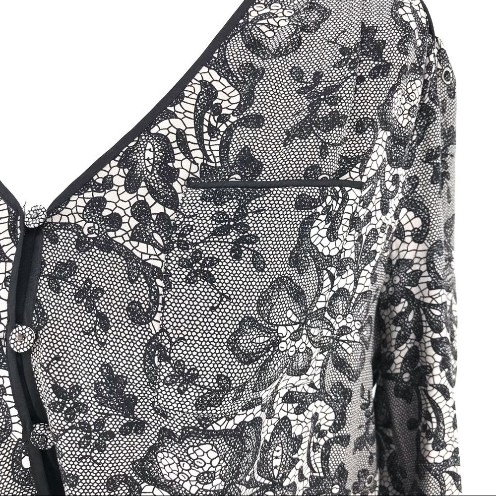 Rebecca Taylor Gray Black Silk Lace Print 100% Silk Long Sleeve Dress - Picture 4 of 10